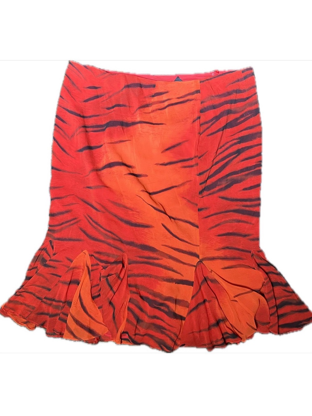 Escada Red/Orange Silk Tiger Stripe Midi Skirt Fluted Hem Lined Vintage